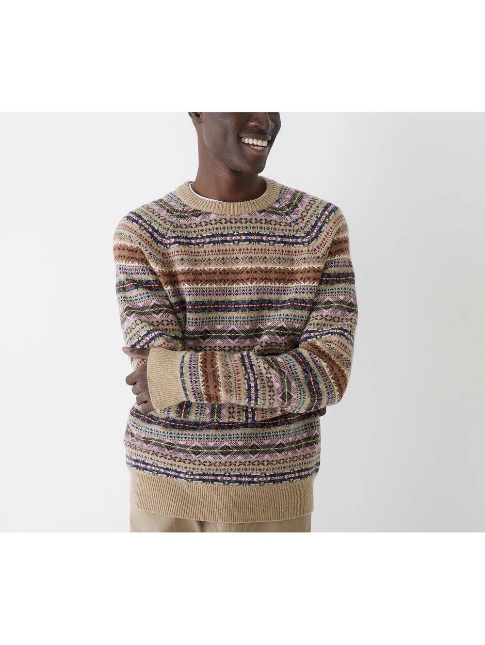 J. CREW Men's Unisex Fair Isle Lambswool Blend Crewneck Sweater Sand L - XL